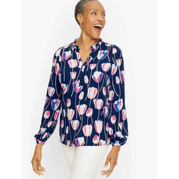Talbots Tulips Ruffle Trim Popover Top Blue Button Front Long Sleeve Sz M - Picture 8 of 8